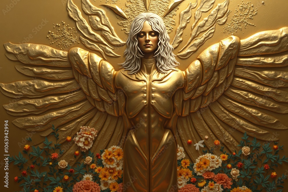 Obraz premium Majestic golden angel statue surrounded by floral decorations on a golden background