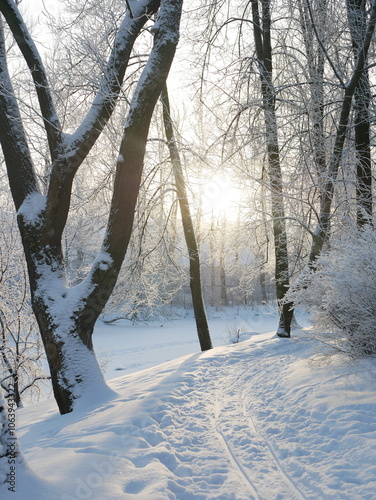 Winter landscape - a snow-covered park with beautiful trees, covered with hoarfrost. A Christmas picture - a winter forest, a sunny day in a fairy-tale park.