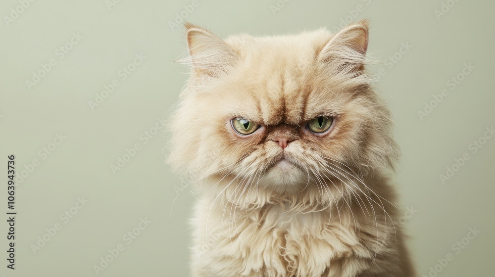Fototapeta premium a grumpy-looking Persian cat with fluffy fur and piercing green eyes, set against a simple, plain background