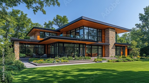 Modern house with large glass windows and stone accents, set in a lush green landscape.