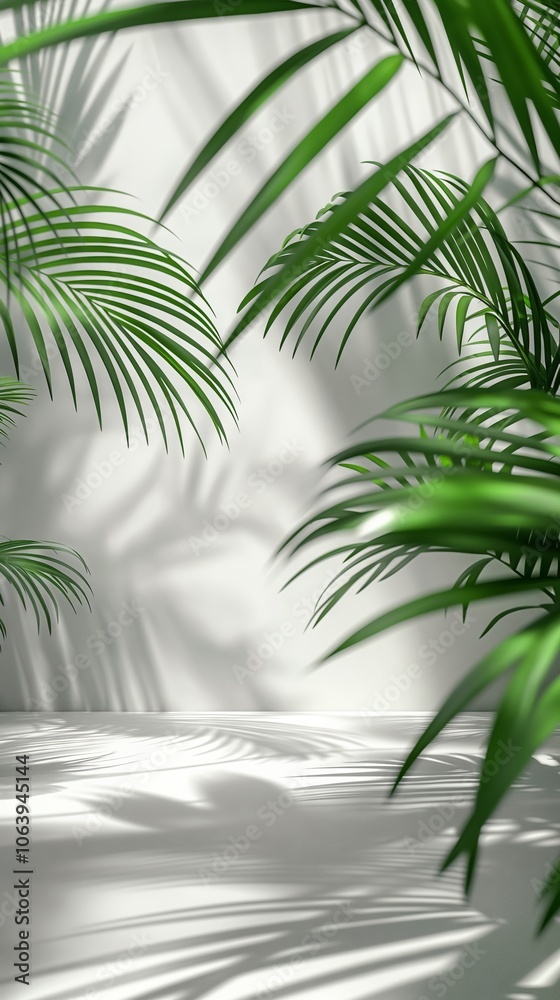 Fototapeta premium Minimalist mockup scene with palm leaves shadow on white background