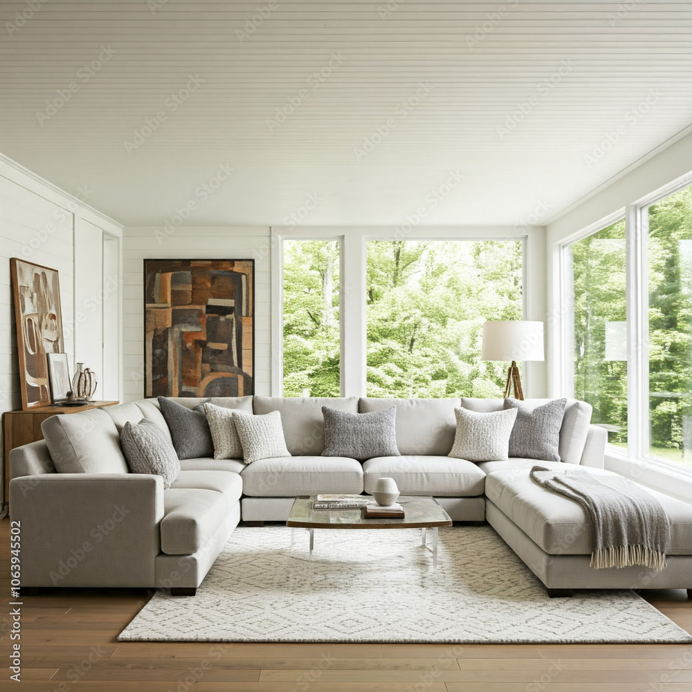 Fototapeta premium modern, cozy living room with a large, plush sectional sofa in a light gray, orange and white mixed color. 