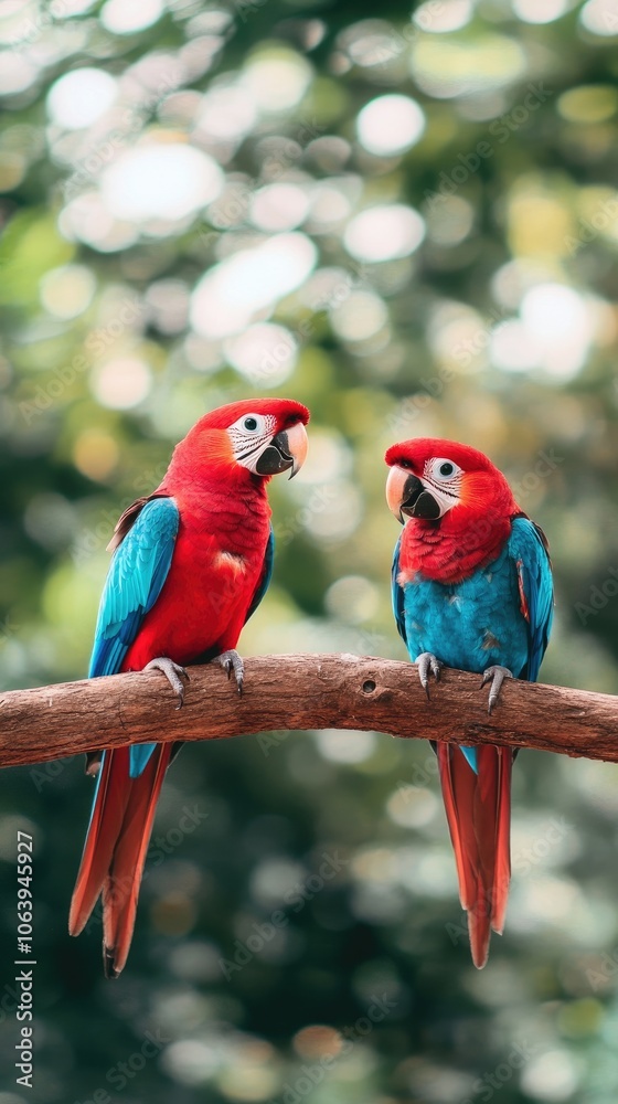 Obraz premium Two stunning lovebirds sit closely on a branch, their colorful feathers catching the soft sunlight