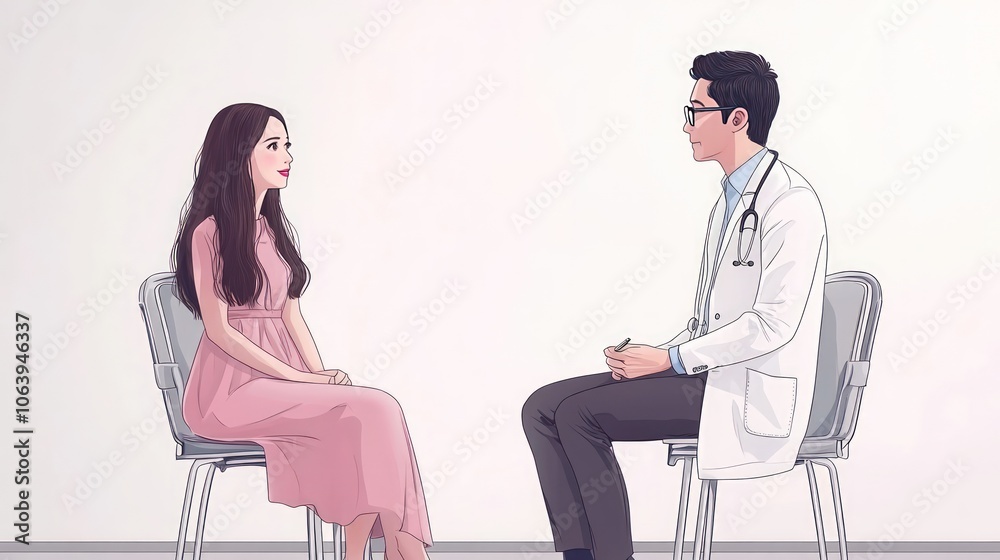 A female patient sitting across from a male doctor in a medical consultation. A female patient sitting across from a male doctor in a medical consultation.