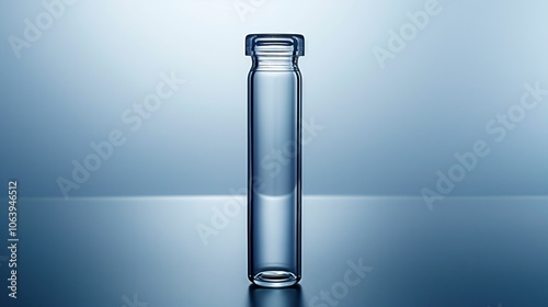 Minimalistic laboratory glass cylinder on reflective surface for scientific design and research photo