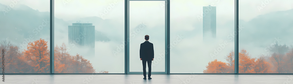 Fototapeta premium A professional stands contemplatively in front of a large window gazing at a misty cityscape. This evocative scene captures the essence of ambition uncertainty and the search for clarity