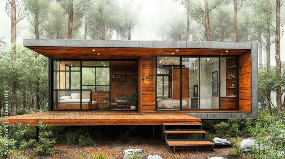 Modern wooden cabin in a forest, featuring large windows and a deck. Modern wooden cabin in a forest, featuring large windows and a deck.