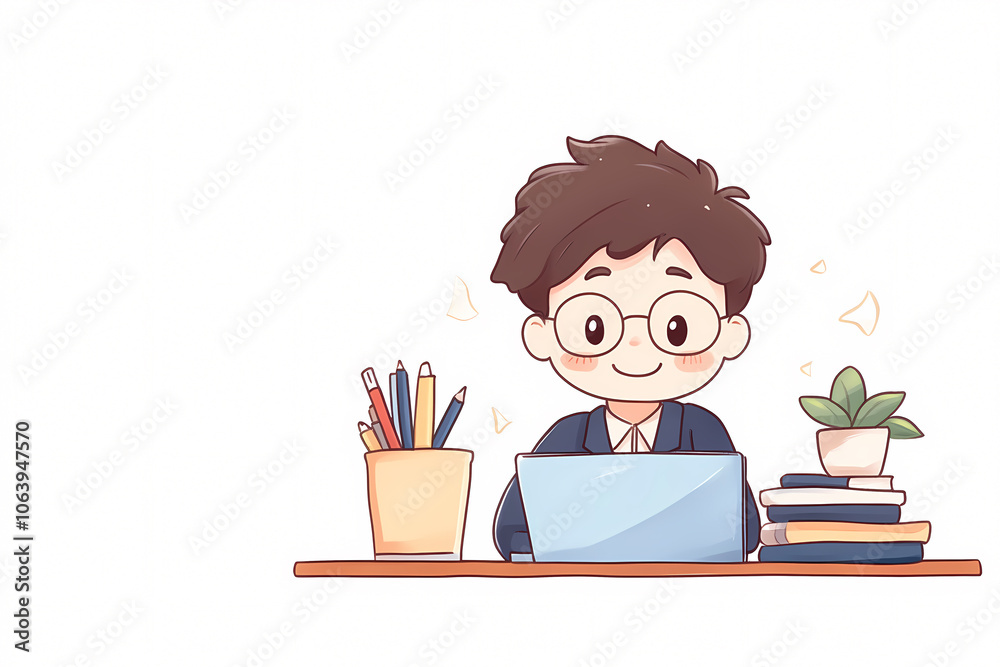 A cheerful young student is focused on their laptop surrounded by colorful stationery and a plant representing a positive learning environment. A cheerful young student is focused on their laptop surrounded by colorful stationery and a plant representing a positive learning environment.