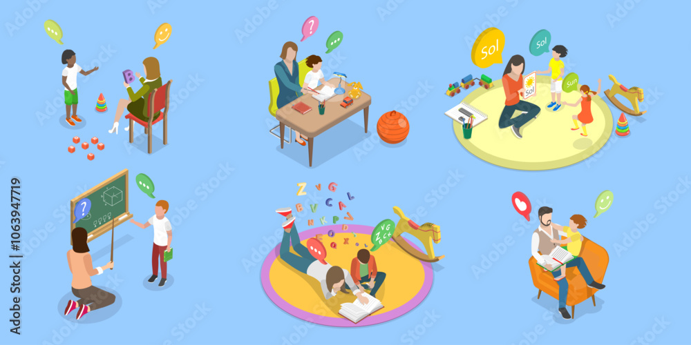 3D Isometric Flat Vector Set of Parents Learning with their Kids, Engaging In Educational Activities Together 3D Isometric Flat Vector Set of Parents Learning with their Kids, Engaging In Educational Activities Together