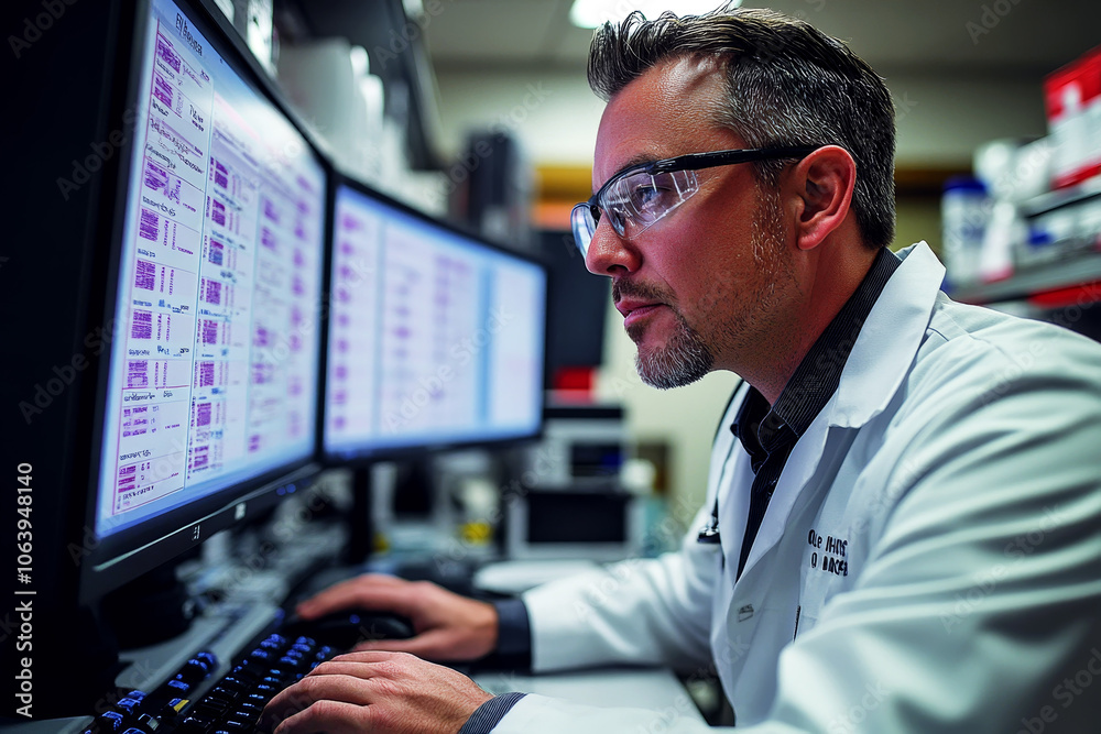 Fototapeta premium Doctor Analyzing Medical Imaging Data on High-Tech Screen