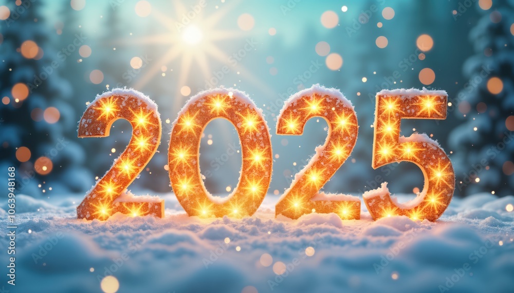 Festive snowy forest scene with large snow globe in center, surrounded by smaller snow globes, trees, bushes. Vibrant yellow interior, winter theme, holiday decoration. Wishing happy new year 2025, Festive snowy forest scene with large snow globe in center, surrounded by smaller snow globes, trees, bushes. Vibrant yellow interior, winter theme, holiday decoration. Wishing happy new year 2025,
