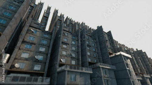 Brutalist Residential Apartment Complex with Weathered Concrete Facades Under Soft Daylight, Capturing Urban Density and Architectural Monotony in a Retro-Futuristic Perspective