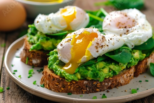 Avocado toast with poached eggs and spinach