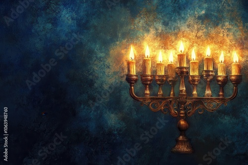 Hanukkah Menorah with Oil Lamps: A unique image of a menorah lit with traditional oil lamps instead of candles, with the warm glow of the oil flames giving a historic feel to the scene.