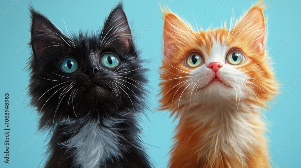 Two adorable kittens, one black and one orange, gazing up with curiosity against a light blue background Two adorable kittens, one black and one orange, gazing up with curiosity against a light blue background