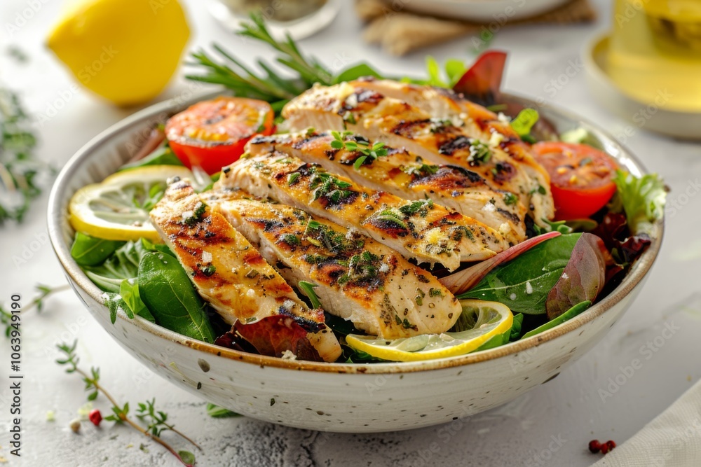 Grilled lemon herb chicken salad in a bowl on table Grilled lemon herb chicken salad in a bowl on table