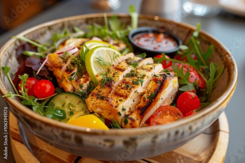 Grilled lemon herb chicken salad in a bowl on table