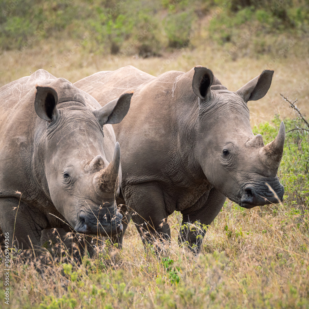 Obraz premium Two white rhinos in the wild close together. 