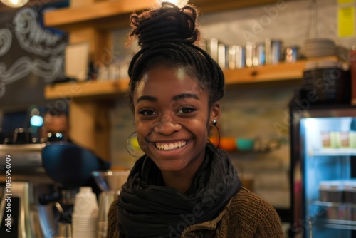 Portrait of a young smiling woman in a cafe