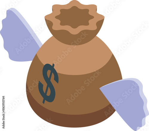 Money bag with wings flying away, representing the concept of losing money or financial instability