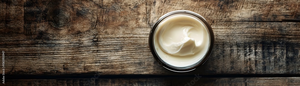 Close-up of White Cream in a Glass Jar on a Wooden Background Close-up of White Cream in a Glass Jar on a Wooden Background
