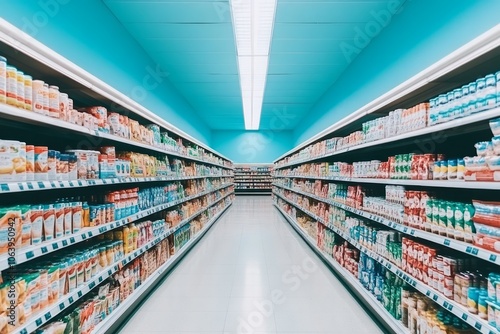 An aisle in a supermarket with shelves stocked with food products.