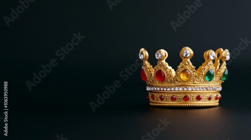 A crown on a black background is highlighted. A low-key image of a beautiful golden crown. A realistic illustration of a 3D crown. Stock photo. photo