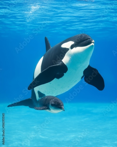 An orca mother and calf swim together in clear blue water.