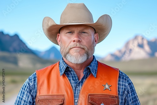 A beefy muscled cowboy in cowboy hat stands on a prairie with mountains in the background, smiling, flexing, flexing, looking at the camera