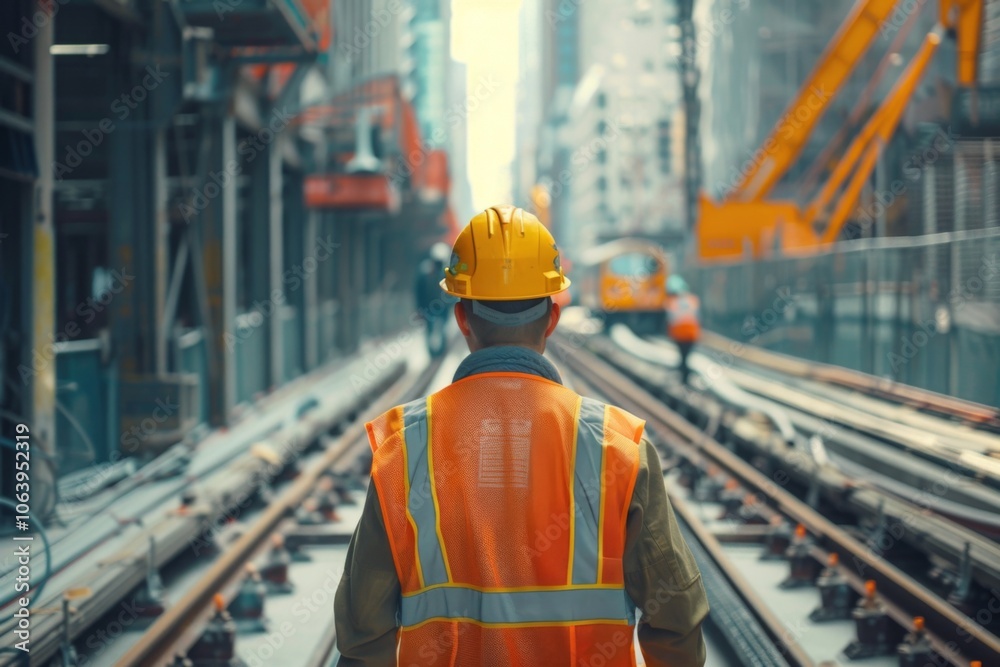 Construction worker overlooking a team building of a new subway Construction worker overlooking a team building of a new subway