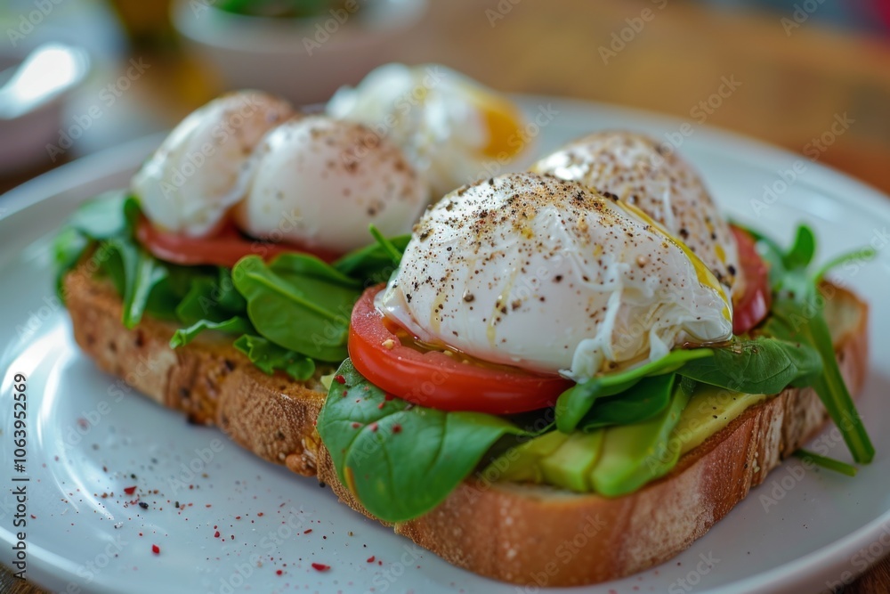 Avocado toast with poached eggs and spinach Avocado toast with poached eggs and spinach