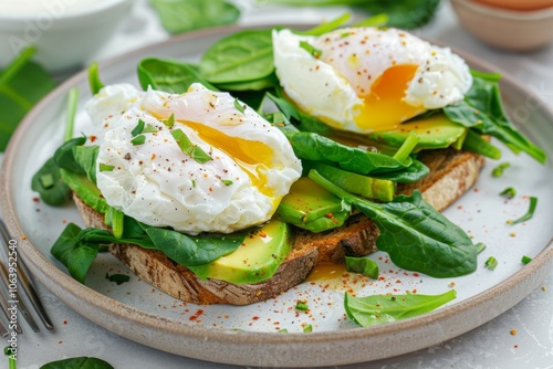 Avocado toast with poached eggs and spinach