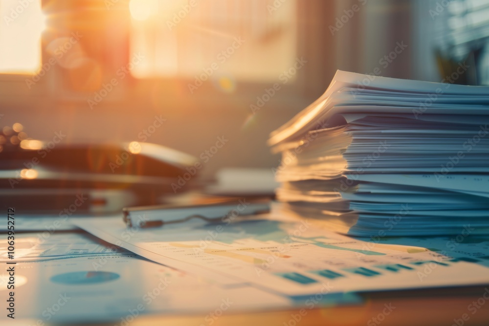 Collection of business analytics charts and graphs stacked on each other on paper on desk in office Collection of business analytics charts and graphs stacked on each other on paper on desk in office