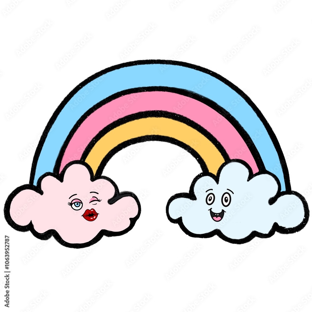 Rainbow above the clouds in love on white background.Girl kissing boy blue cloud, pink cloud. Doodle style. Used in Valentine’s Day card, wallpaper, background, pattern etc. Rainbow above the clouds in love on white background.Girl kissing boy blue cloud, pink cloud. Doodle style. Used in Valentine’s Day card, wallpaper, background, pattern etc.