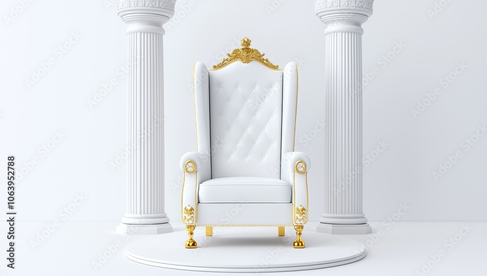 Gold throne with classic chair in the throne room. Image generated using AI technology. Gold throne with classic chair in the throne room. Image generated using AI technology.