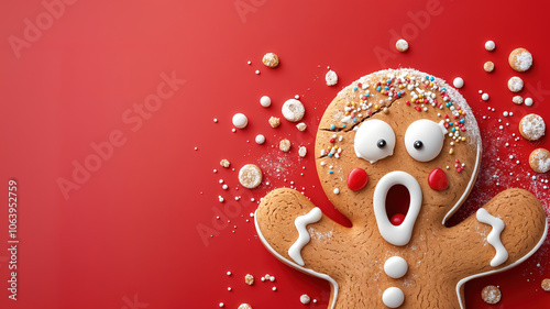 cracked gingerbread man cookie with shocked expression and sprinkles on red background