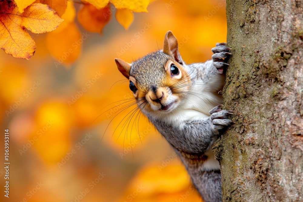 It is a cute portrait of a red squirrel peeking out from behind a trunk of an oak tree with golden foliage in a sunny autumn park It is a cute portrait of a red squirrel peeking out from behind a trunk of an oak tree with golden foliage in a sunny autumn park