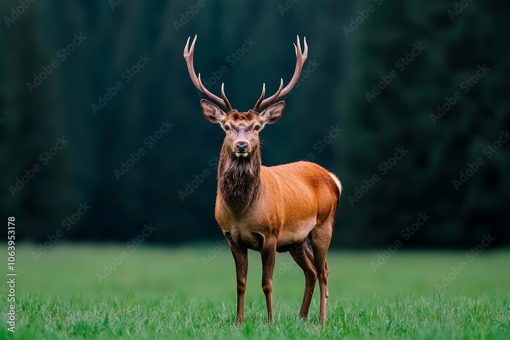 It is a magnificent red deer, Cervus elaphus, standing on a meadow in summer nature. It is a dominant male with massive antlers watching the camera on a green field. It is a magnificent red deer, Cervus elaphus, standing on a meadow in summer nature. It is a dominant male with massive antlers watching the camera on a green field.