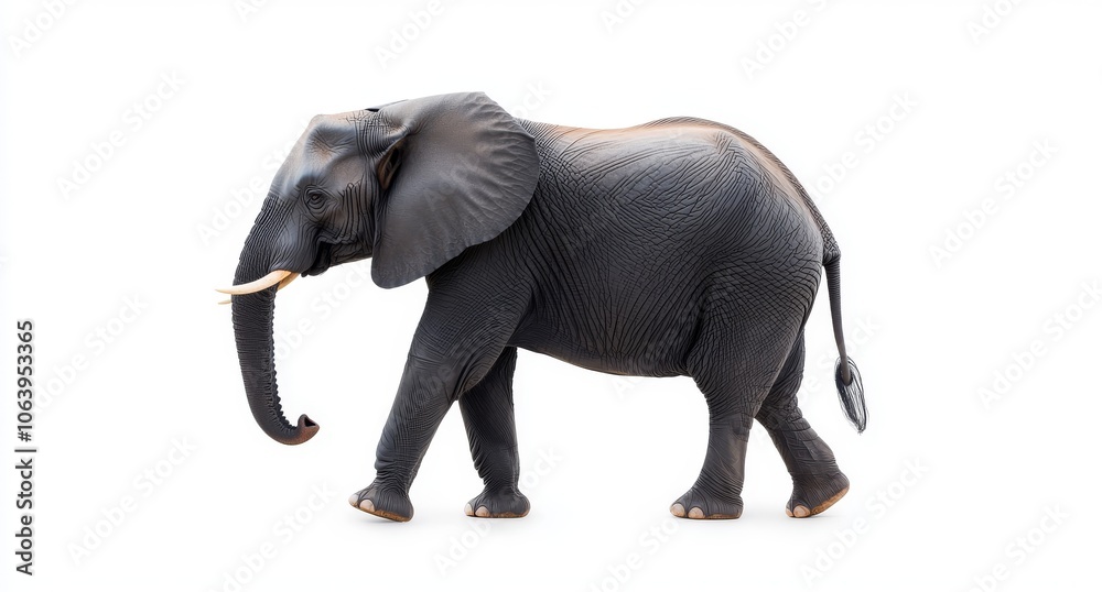 Obraz premium Asian elephant walking on white background, side view.