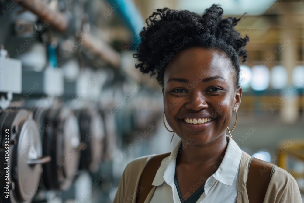 Portrait of a smiling young black female engineer at hydroelectric plant Portrait of a smiling young black female engineer at hydroelectric plant