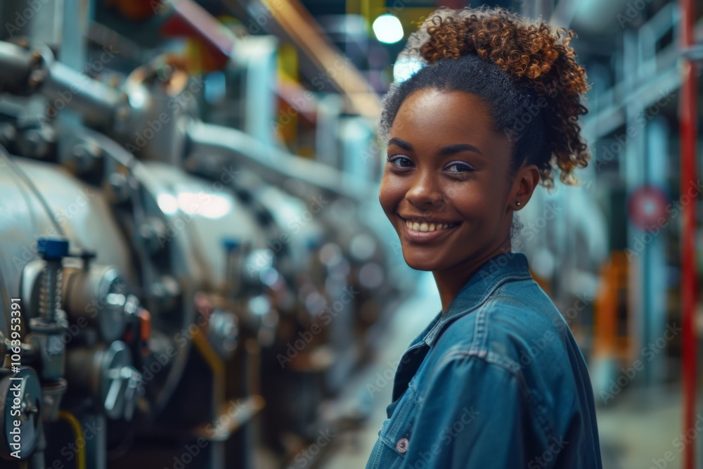 Portrait of a smiling young black female engineer at hydroelectric plant Portrait of a smiling young black female engineer at hydroelectric plant