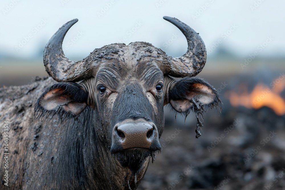 Naklejka premium Syncerus caffer, a buffalo bull with mud-covered horns and head