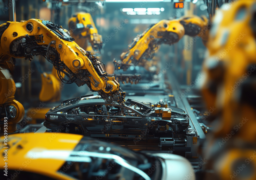 A group of yellow robotic arms is working on an assembly line in the car factory. A group of yellow robotic arms is working on an assembly line in the car factory.
