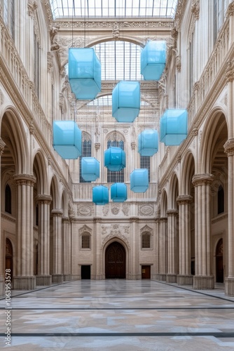 Blue geometric sculptures hanging in a grand hall with arched windows and stone pillars. photo