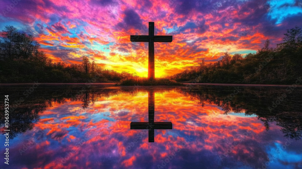 Silhouette of a Cross at Sunset Over a Still Lake with Vibrant Colors Silhouette of a Cross at Sunset Over a Still Lake with Vibrant Colors