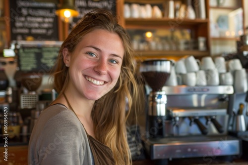 Portrait of a young smiling woman in a cafe