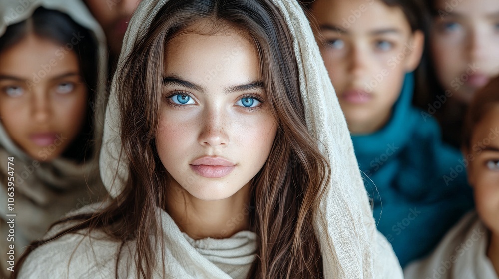 In a historical reconstruction, a girl dressed like a medieval peasant woman participates In a historical reconstruction, a girl dressed like a medieval peasant woman participates