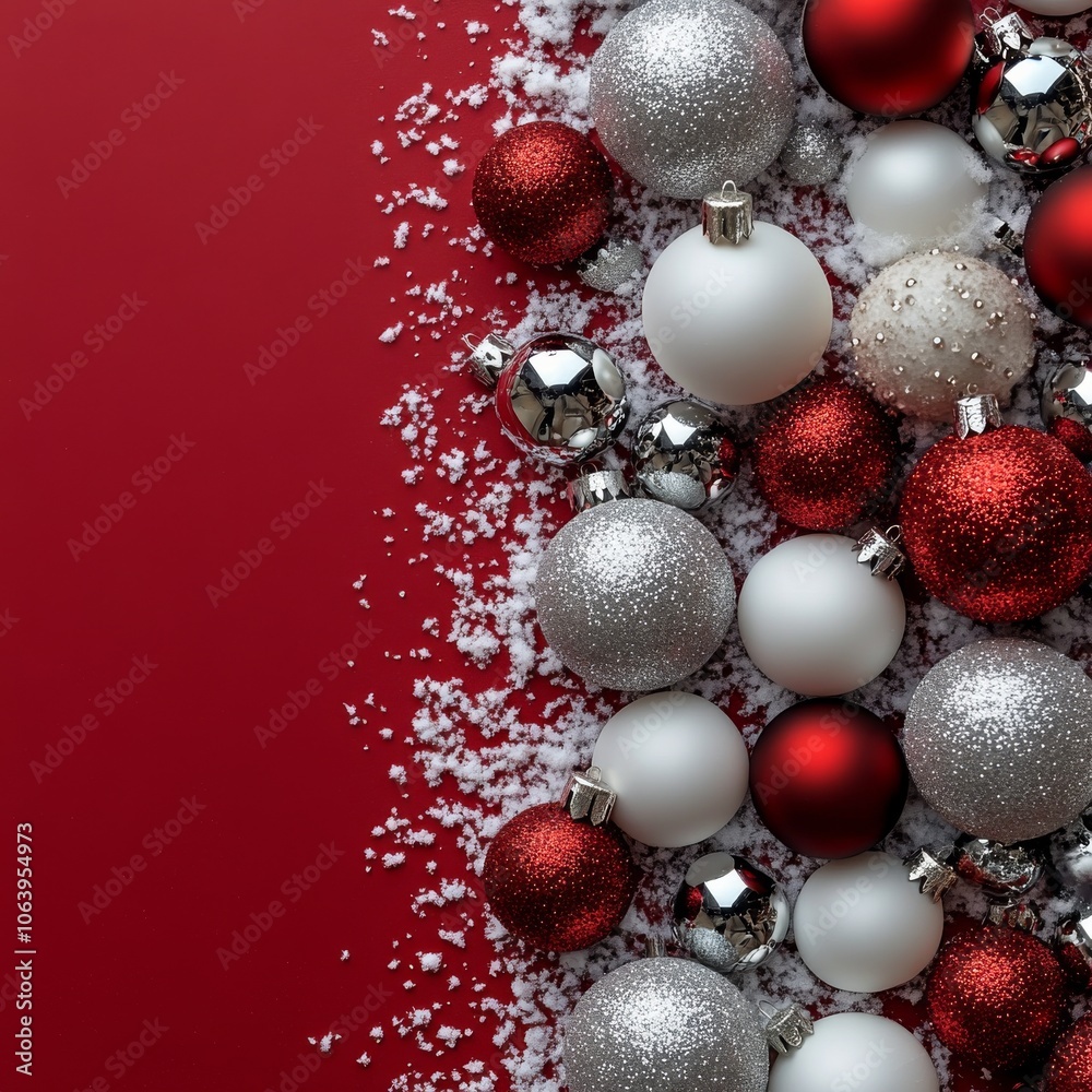 Decorative Christmas ornaments on white snow with a red background during the holiday season Decorative Christmas ornaments on white snow with a red background during the holiday season