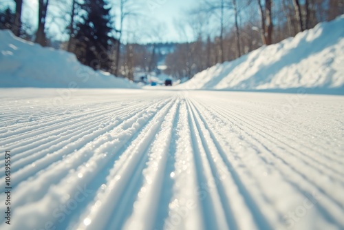 Close up view of groomed ski trail with fresh snow in winter.