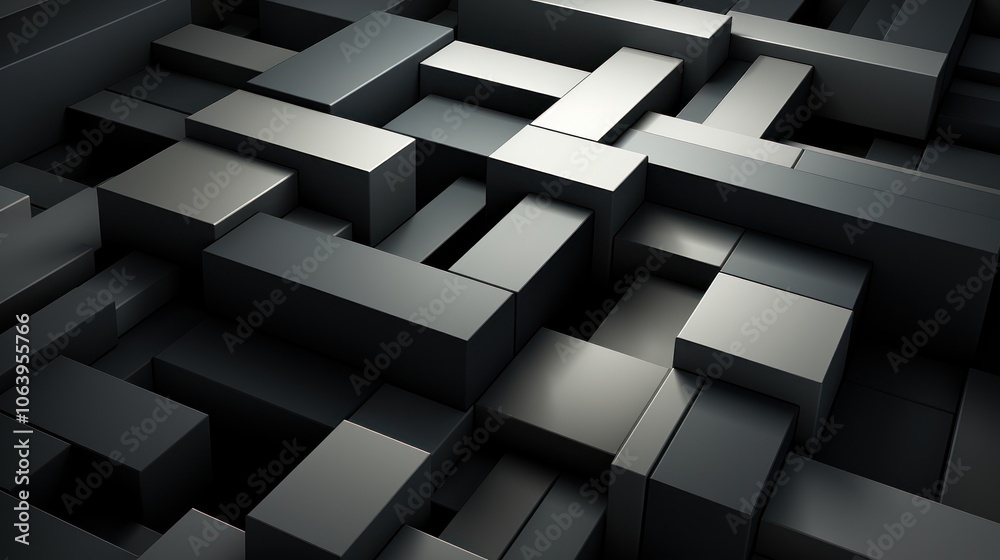 An abstract arrangement of dark, interlocking geometric shapes creating depth and texture. An abstract arrangement of dark, interlocking geometric shapes creating depth and texture.